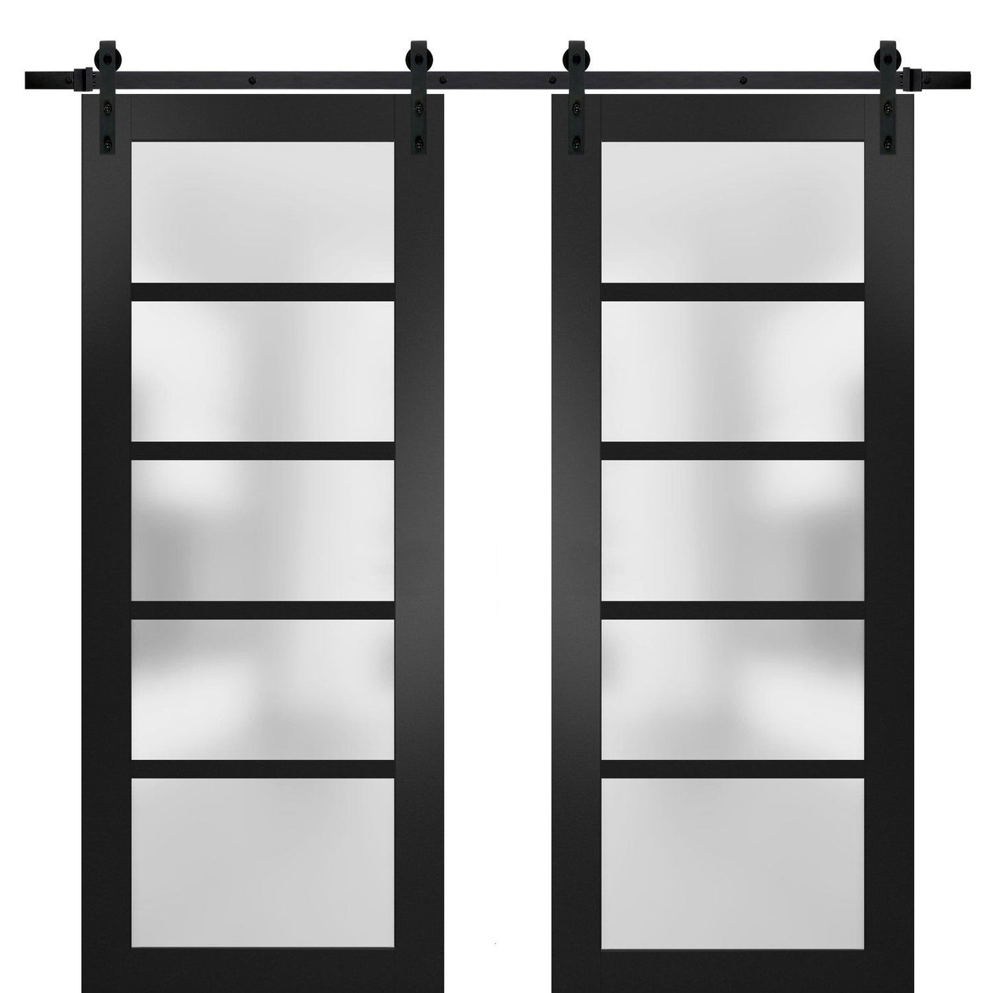 Quadro 4002 Matte Black Double Barn Door with Frosted Glass | Black Rail