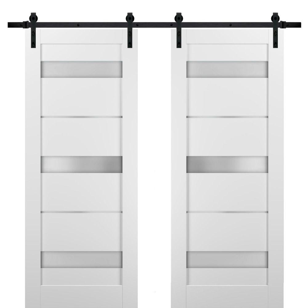 Quadro 4055 White Silk Double Barn Door with Frosted Glass | Black Rail