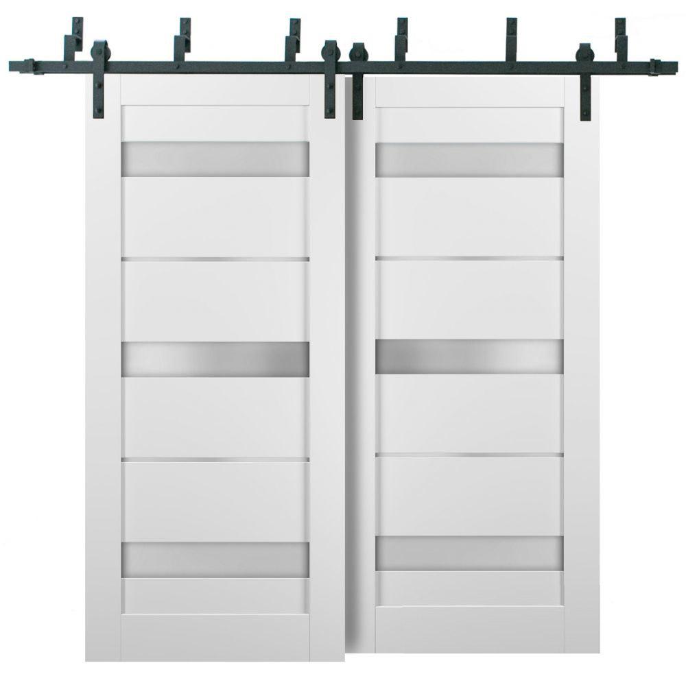 Quadro 4055 White Silk Double Barn Door with Frosted Glass | Black Bypass Rails