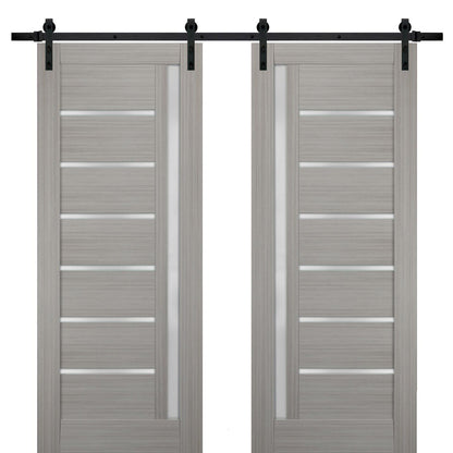 Quadro 4088 Grey Ash Double Barn Door with Frosted Glass | Black Rail