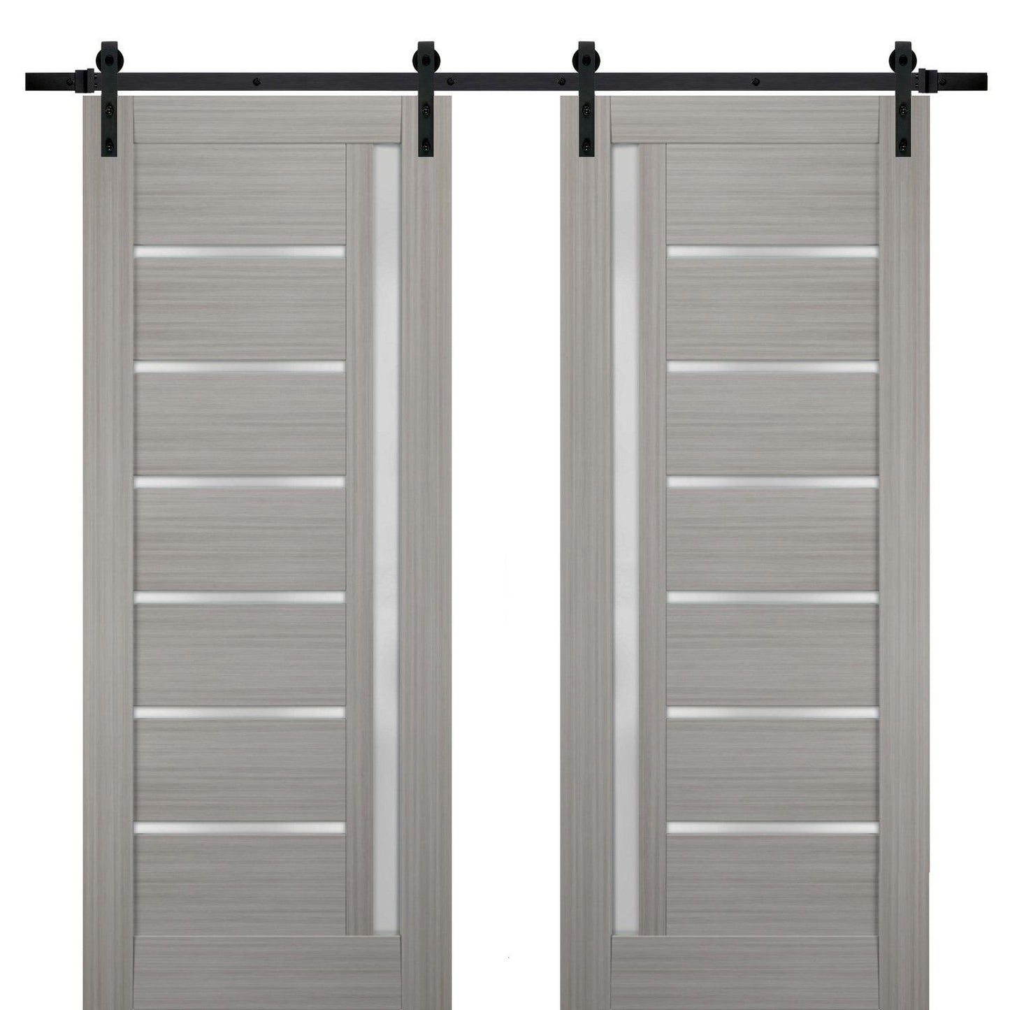 Quadro 4088 Grey Ash Double Barn Door with Frosted Glass | Black Rail