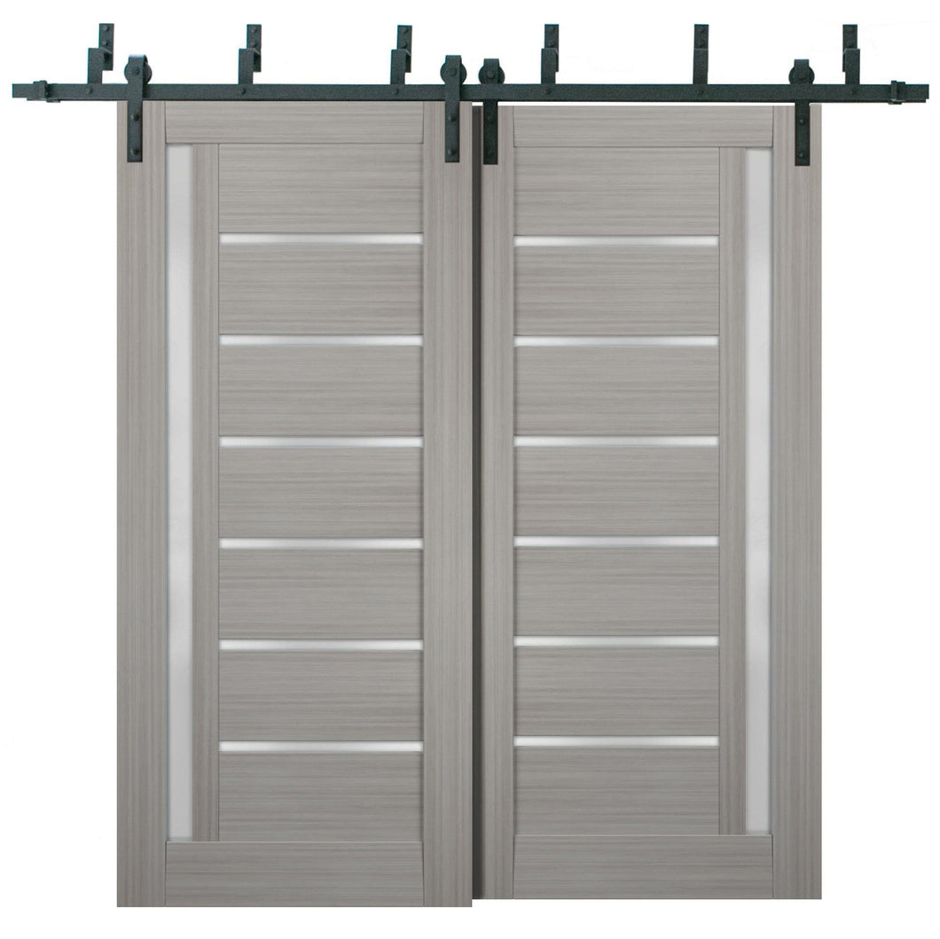 Quadro 4088 Grey Ash Double Barn Door with Frosted Glass | Black Bypass Rails