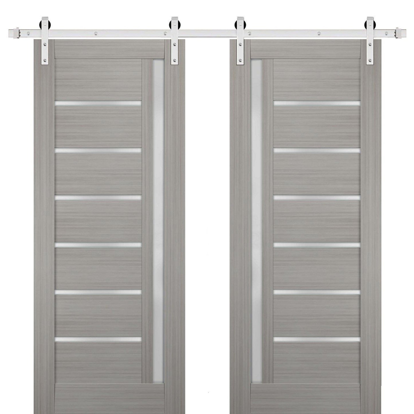 Quadro 4088 Grey Ash Double Barn Door with Frosted Glass | Stainless Steel Rail