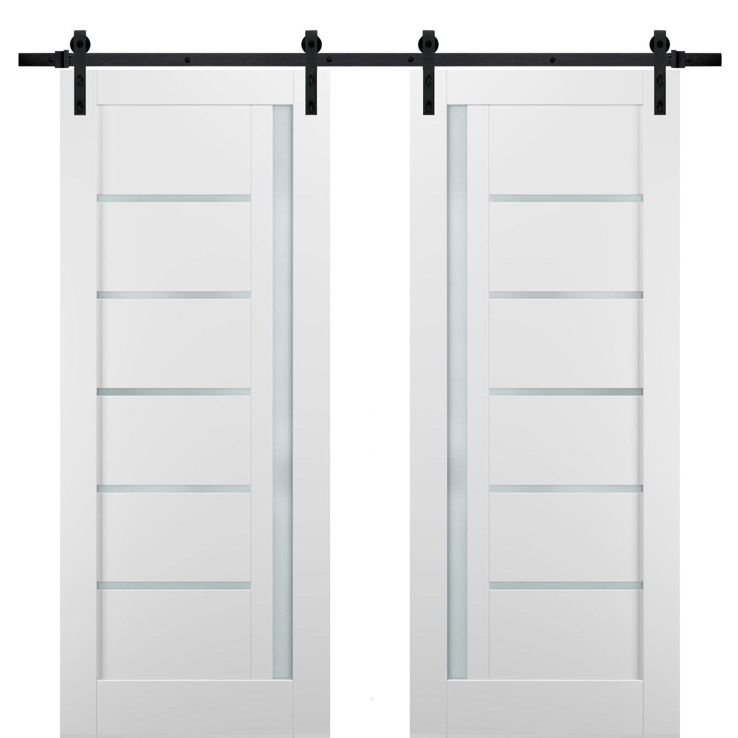 Quadro 4088 White Silk Double Barn Door with Frosted Glass | Black Rail