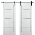 Quadro 4088 White Silk Double Barn Door with Frosted Glass | Black Rail