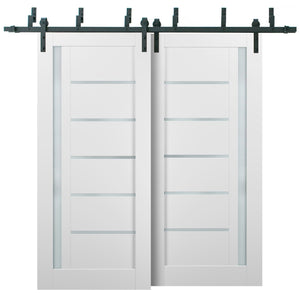 Quadro 4088 White Silk Double Barn Door with Frosted Glass | Black Bypass Rails