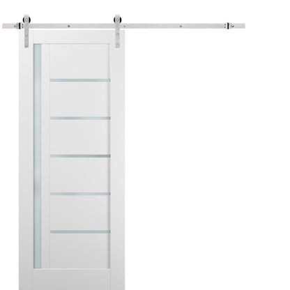 Quadro 4088 White Silk Barn Door with Frosted Glass and Stainless Rail