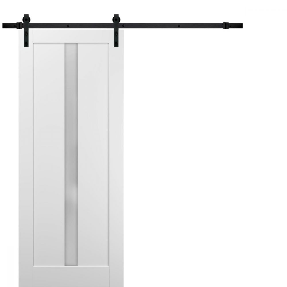 Quadro 4112 White Silk Barn Door with Frosted Glass and Black Rail
