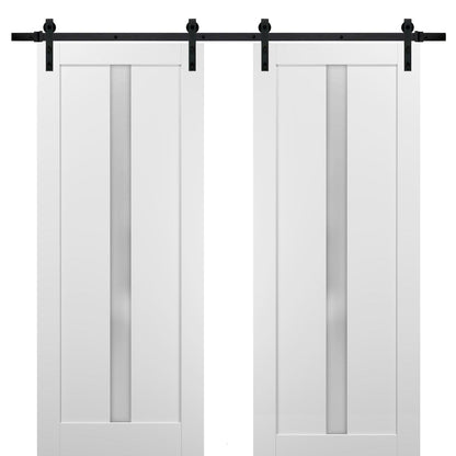 Quadro 4112 White Silk Double Barn Door with Frosted Glass | Black Rail