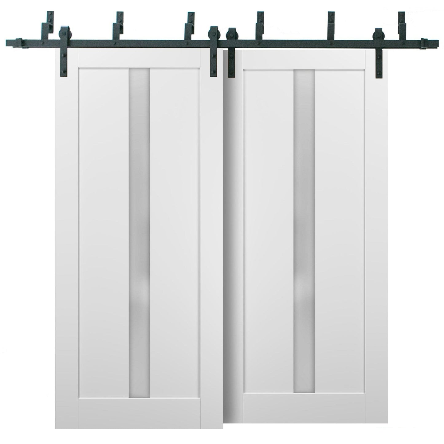 Quadro 4112 White Silk Double Barn Door with Frosted Glass | Black Bypass Rails