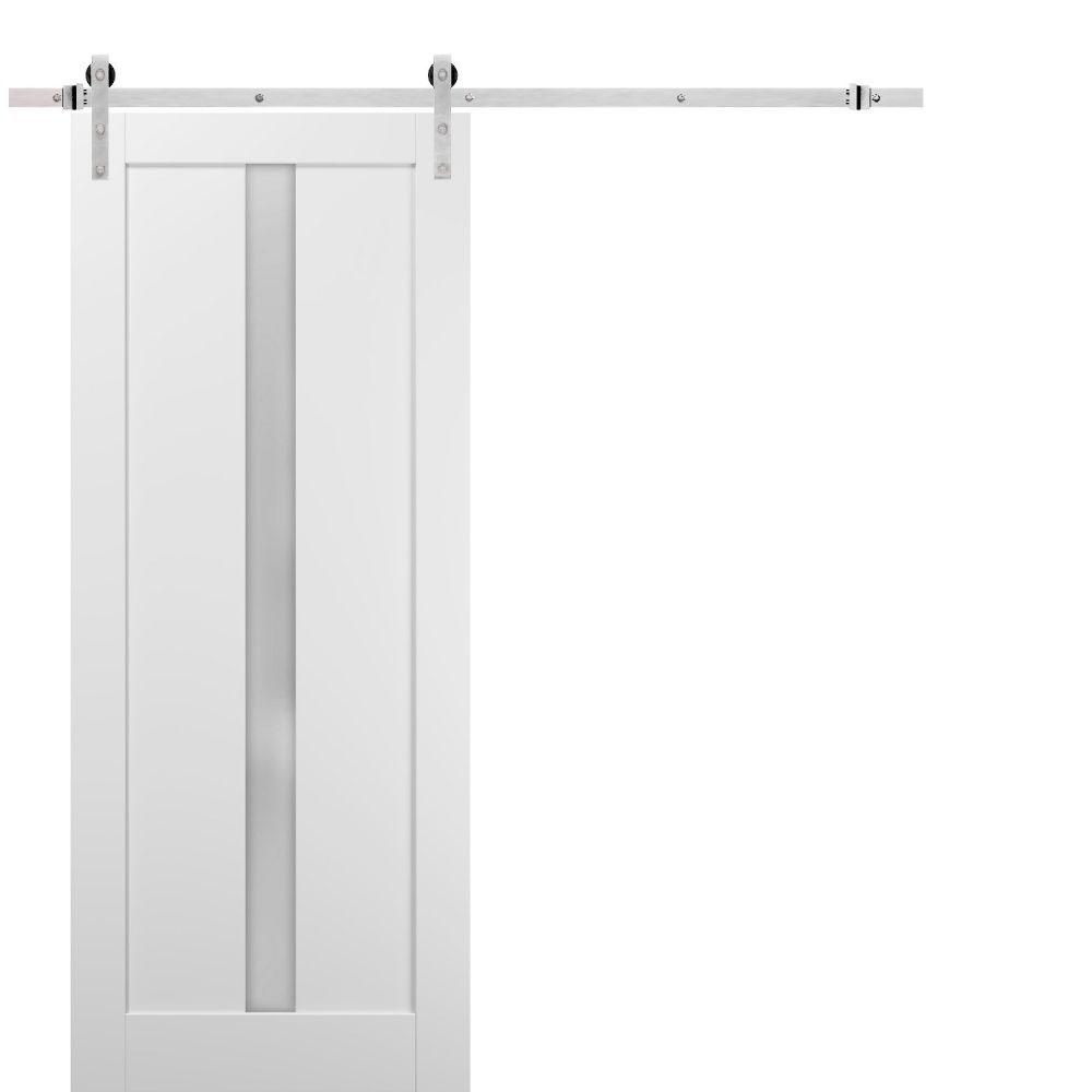 Quadro 4112 White Silk Barn Door with Frosted Glass and Stainless Rail