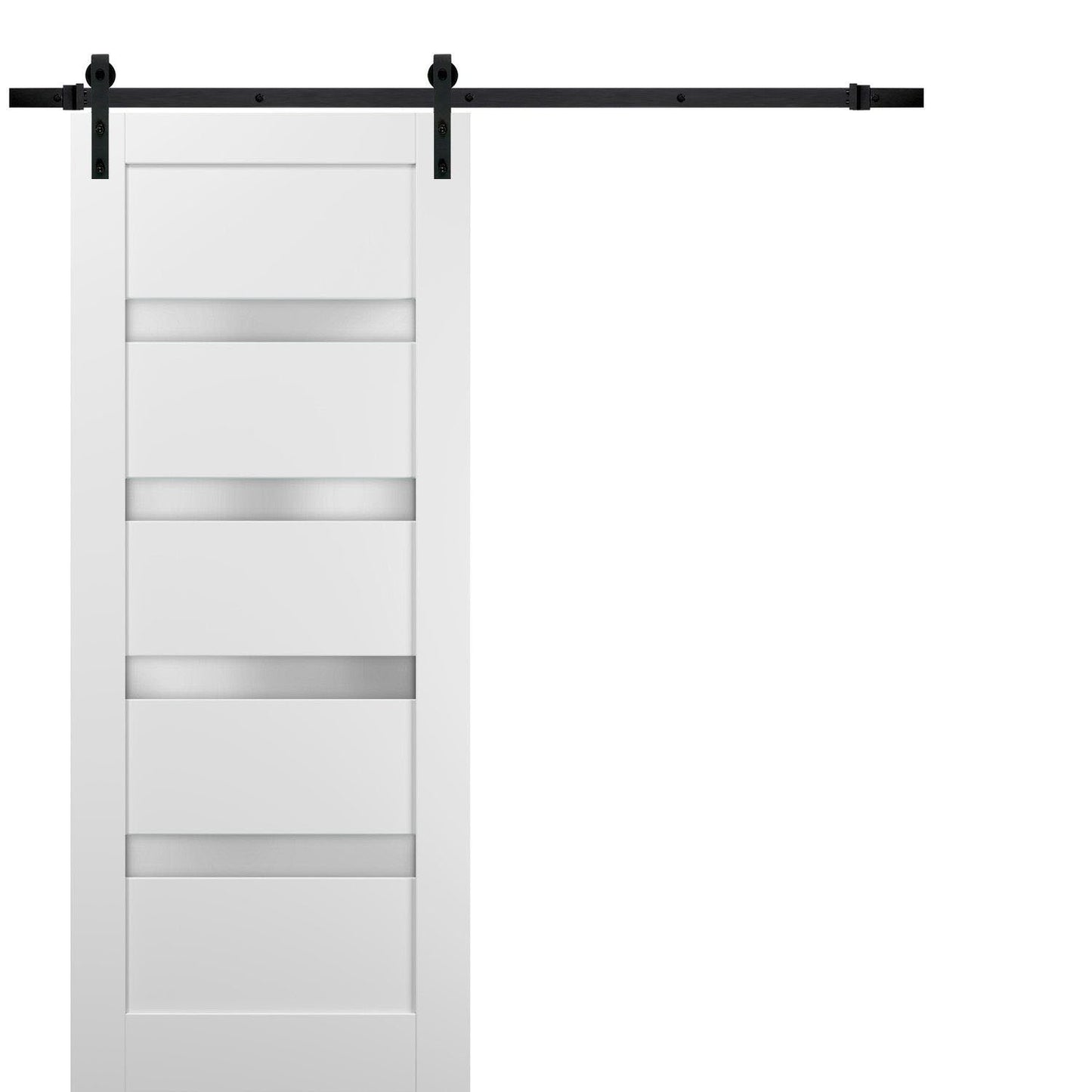 Quadro 4113 White Silk Barn Door with Frosted Glass and Black Rail