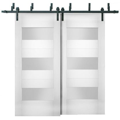 Sete 6003 White Silk Barn Doors with Frosted Glass | Black Bypass Rails