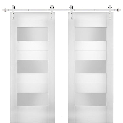 Sete 6003 White Silk Double Barn Door with Frosted Glass | Stainless Steel Rail