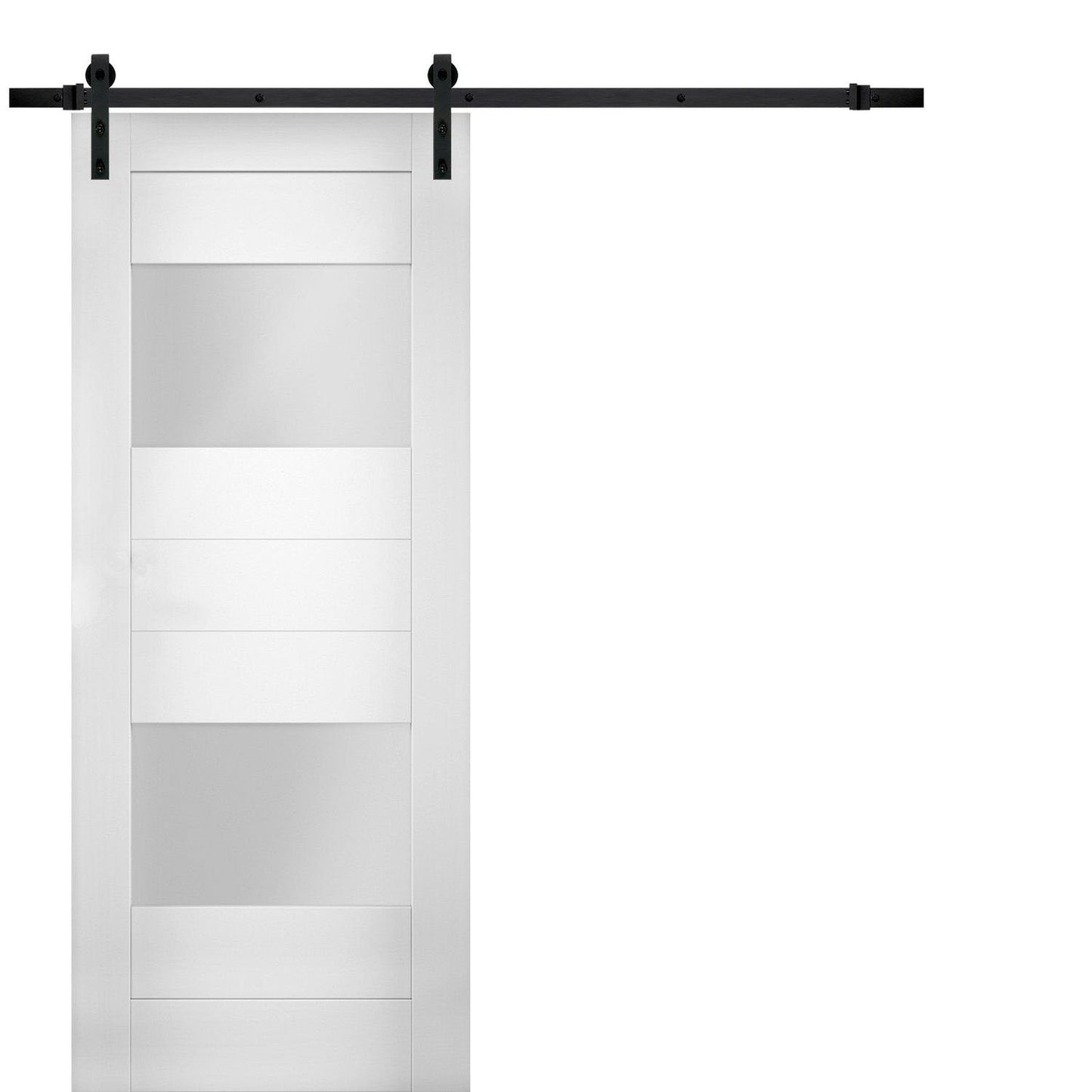 Sete 6222 White Silk Barn Door with 2 Lites Frosted Glass and Black Rail