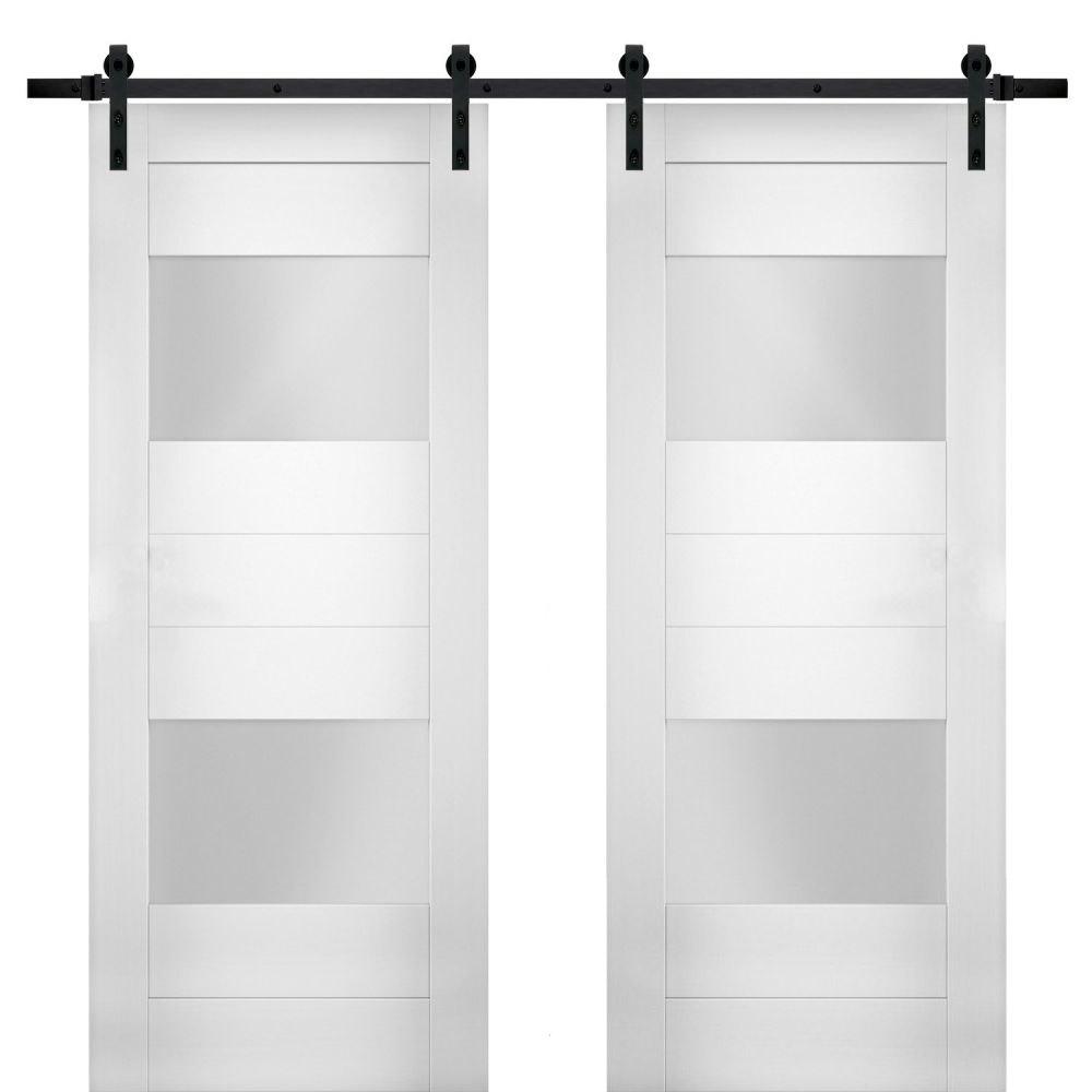 Sete 6222 White Silk Double Barn Door with Frosted Glass 2 Lites | Black Rail