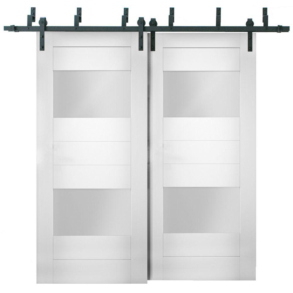 Sete 6222 White Silk Barn Doors with 2 Lites Frosted Glass | Black Bypass Rails
