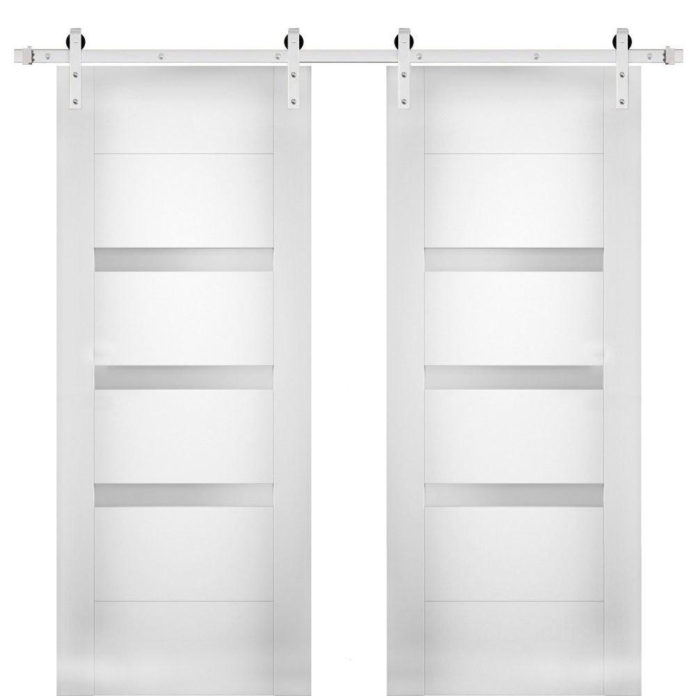 Sete 6900 White Silk Double Barn Door with Frosted Glass | Stainless Steel Rail