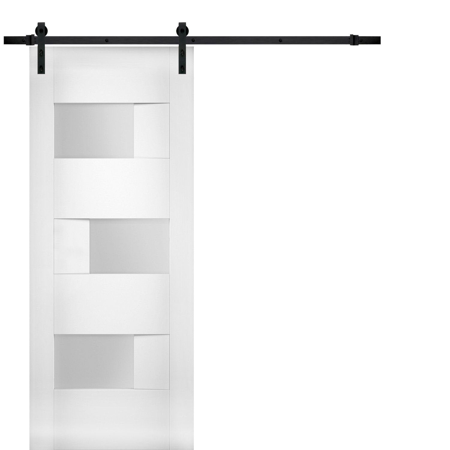 Sete 6933 White Silk Barn Door with Frosted Glass and Black Rail