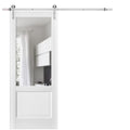 Lucia 1533 White Silk Barn Door with Clear Glass and Silver Finish Rail