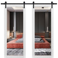 Lucia 1299 Matte White Double Barn Door with Mirror Glass and Black Rail