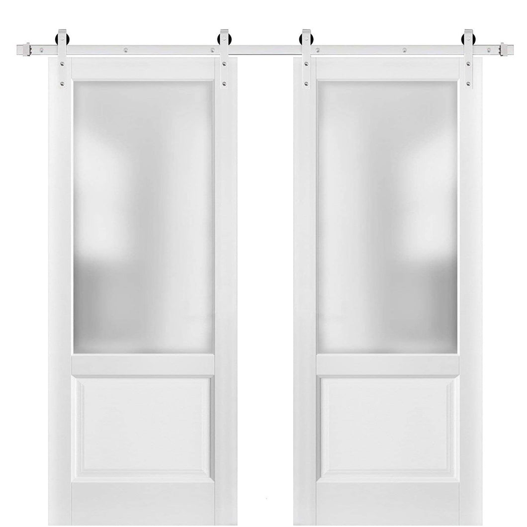 Lucia 22 White Silk Double Barn Door with Frosted Glass | Silver Finish Rail