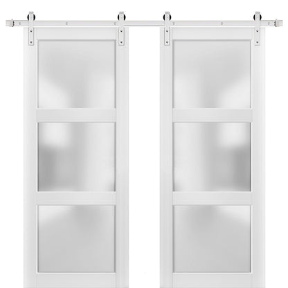 Lucia 2552 Matte White Double Barn Door with Frosted Glass | Silver Finish Rail