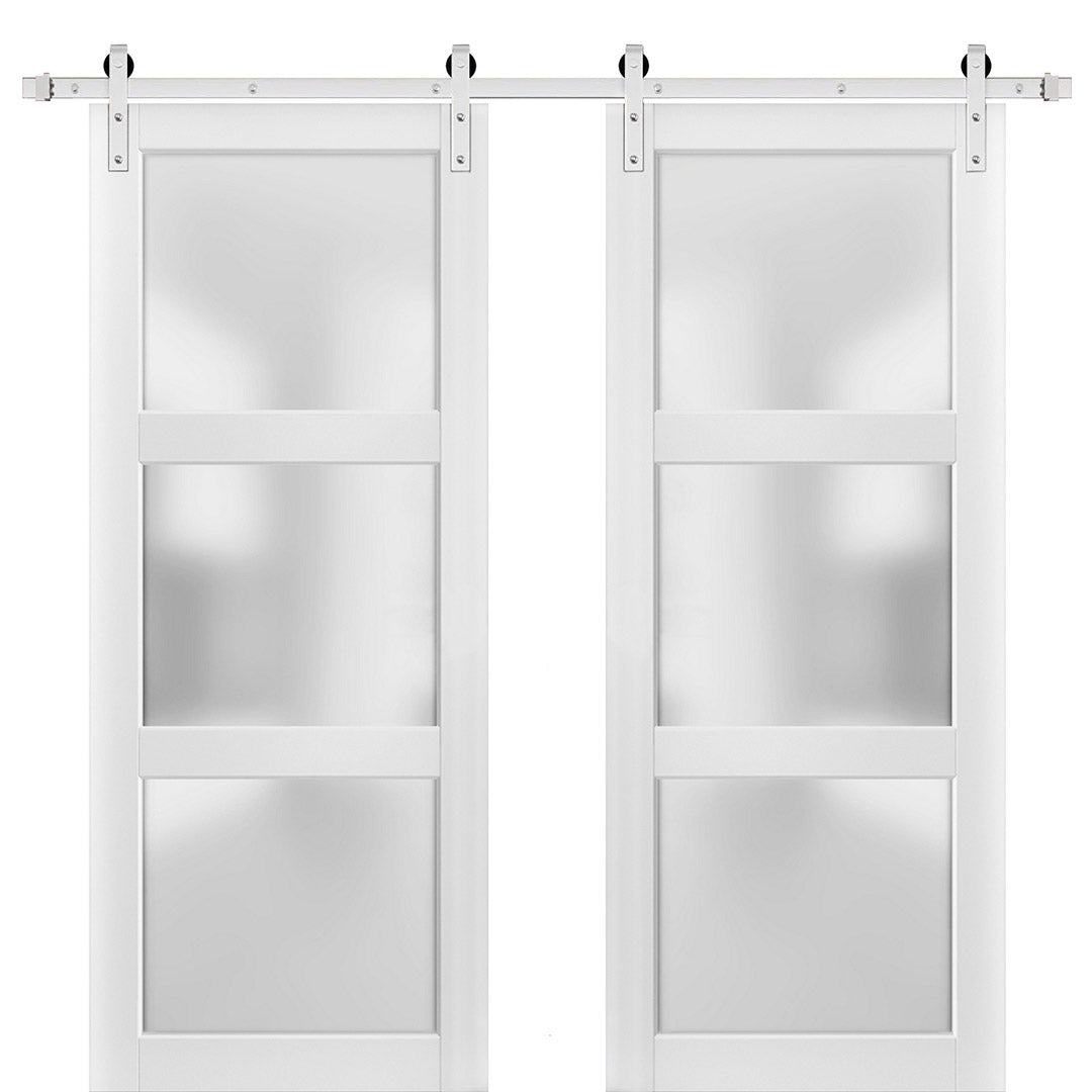 Lucia 2552 Matte White Double Barn Door with Frosted Glass | Silver Finish Rail
