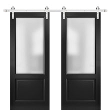 Load image into Gallery viewer, Lucia 22 Matte Black Double Barn Door with Frosted Glass | Silver Finish Rail