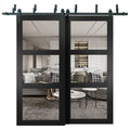 Lucia 2555 Matte Black Double Barn Door with Clear Glass 3 Lites | Black Bypass Rail