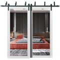 Lucia 1299 Matte White Double Barn Door with Mirror Glass and Black Bypass Rail