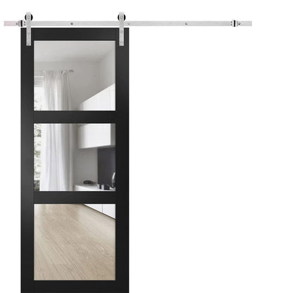 Lucia 2555 Matte Black Barn Door with 3 Lites Clear Glass and Silver Finish Rail