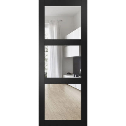 Lucia 2555 Matte Black Barn Door Slab with 3 Lites Clear Glass