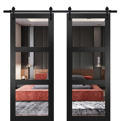 Lucia 2555 Matte Black Double Barn Door with Clear Glass 3 Lites | Black Rail