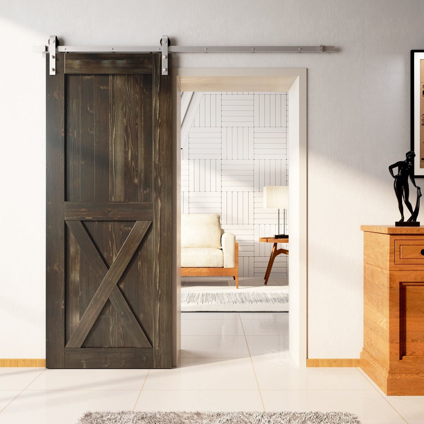 Finished & Unassembled Single Barn Door with Non-Bypass Brushed Nickel Installation Hardware Kit (Single X Design)