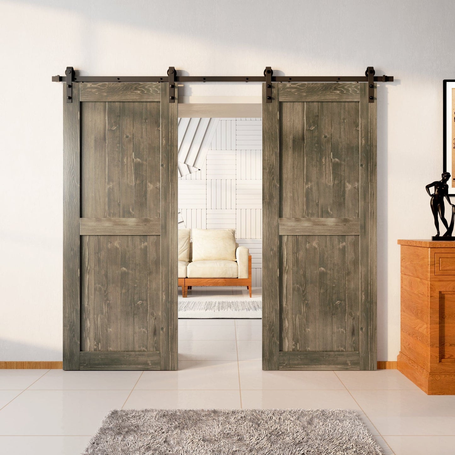 Finished & Unassembled Double Barn Door with Non-Bypass Installation Hardware Kit (H Design)