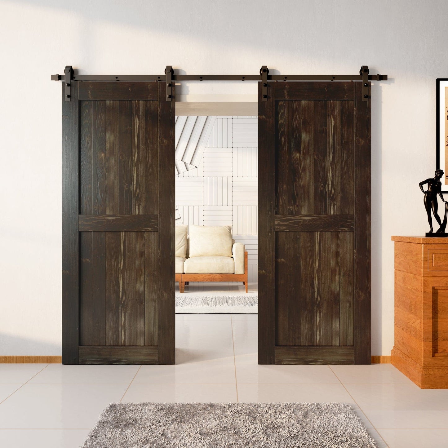 Finished & Unassembled Double Barn Door with Non-Bypass Installation Hardware Kit (H Design)