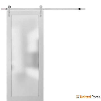 Planum 2102 White Silk Barn Door with Frosted Glass and Silver Finish Rail