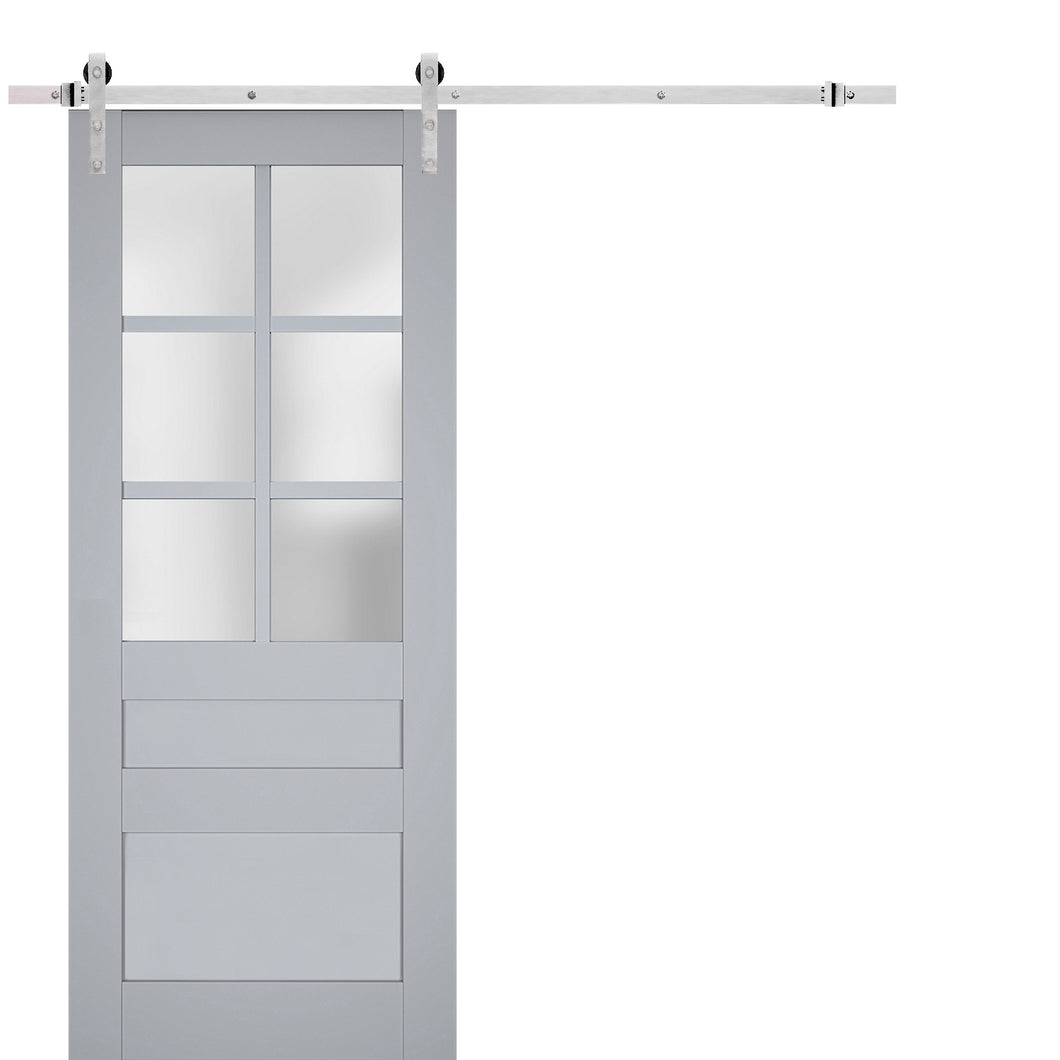 Veregio 7339 Matte Grey Barn Door with Frosted Glass and Silver Finish Rail
