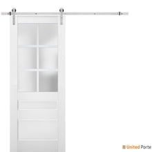 Load image into Gallery viewer, Veregio 7339 Matte White Barn Door with Frosted Glass and Silver Finish Rail