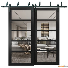 Load image into Gallery viewer, Quadro 4522 Matte Black Double Barn Door with Clear Glass | Black Bypass Rail