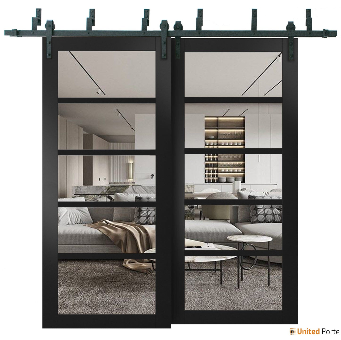 Quadro 4522 Matte Black Double Barn Door with Clear Glass | Black Bypass Rail