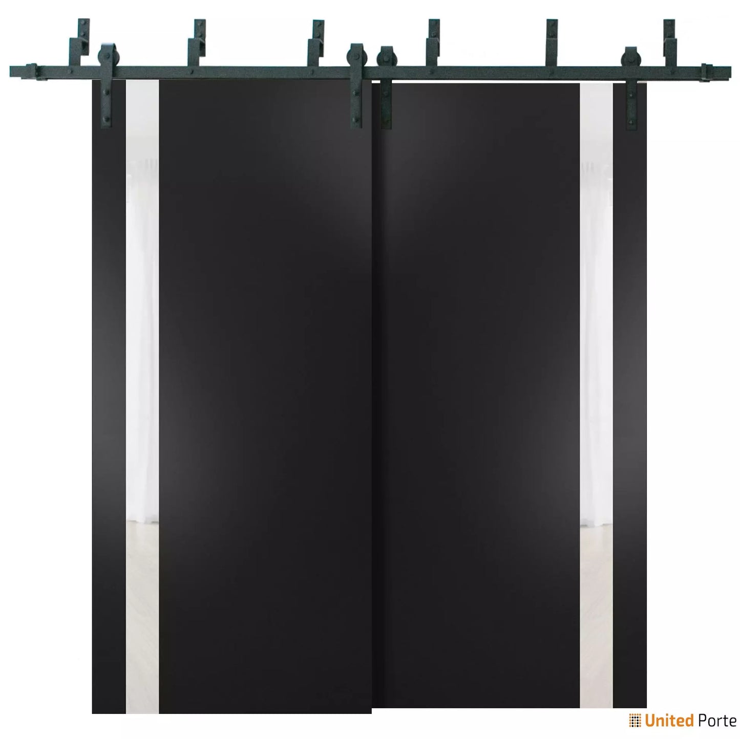 Planum 0040 Matte Black Double Barn Door with White Glass and Black Bypass Rail