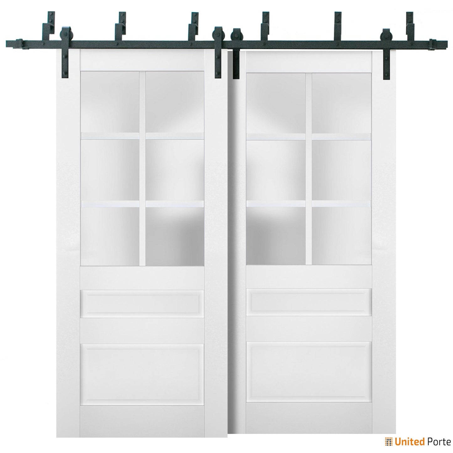 Veregio 7339 Matte White Double Barn Door with Frosted Glass and Black Bypass Rail