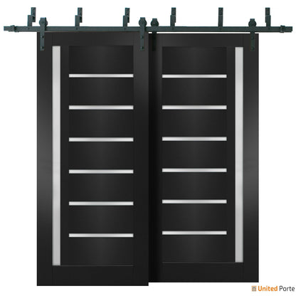 Quadro 4088 Matte Black Double Barn Door with Frosted Glass | Black Bypass Rails