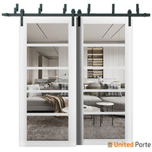 Load image into Gallery viewer, Quadro 4522 Matte White Double Barn Door with Clear Glass | Black Bypass Rail