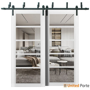 Quadro 4522 Matte White Double Barn Door with Clear Glass | Black Bypass Rail