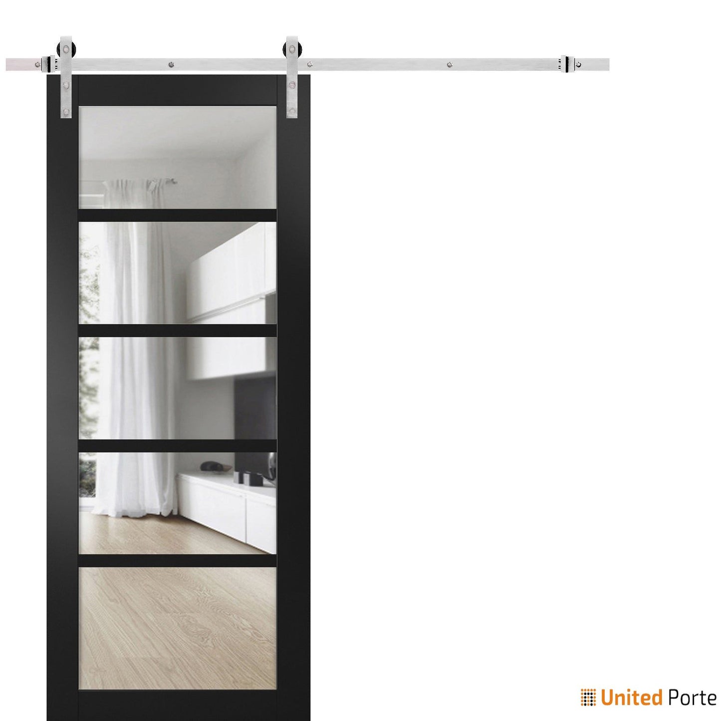 Quadro 4522 Matte Black Barn Door with Clear Glass and Silver Finish Rail