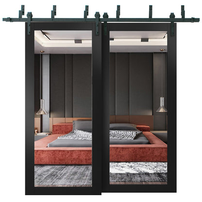 Lucia 1299 Matte Black Double Barn Door with Mirror Glass and Black Bypass Rail