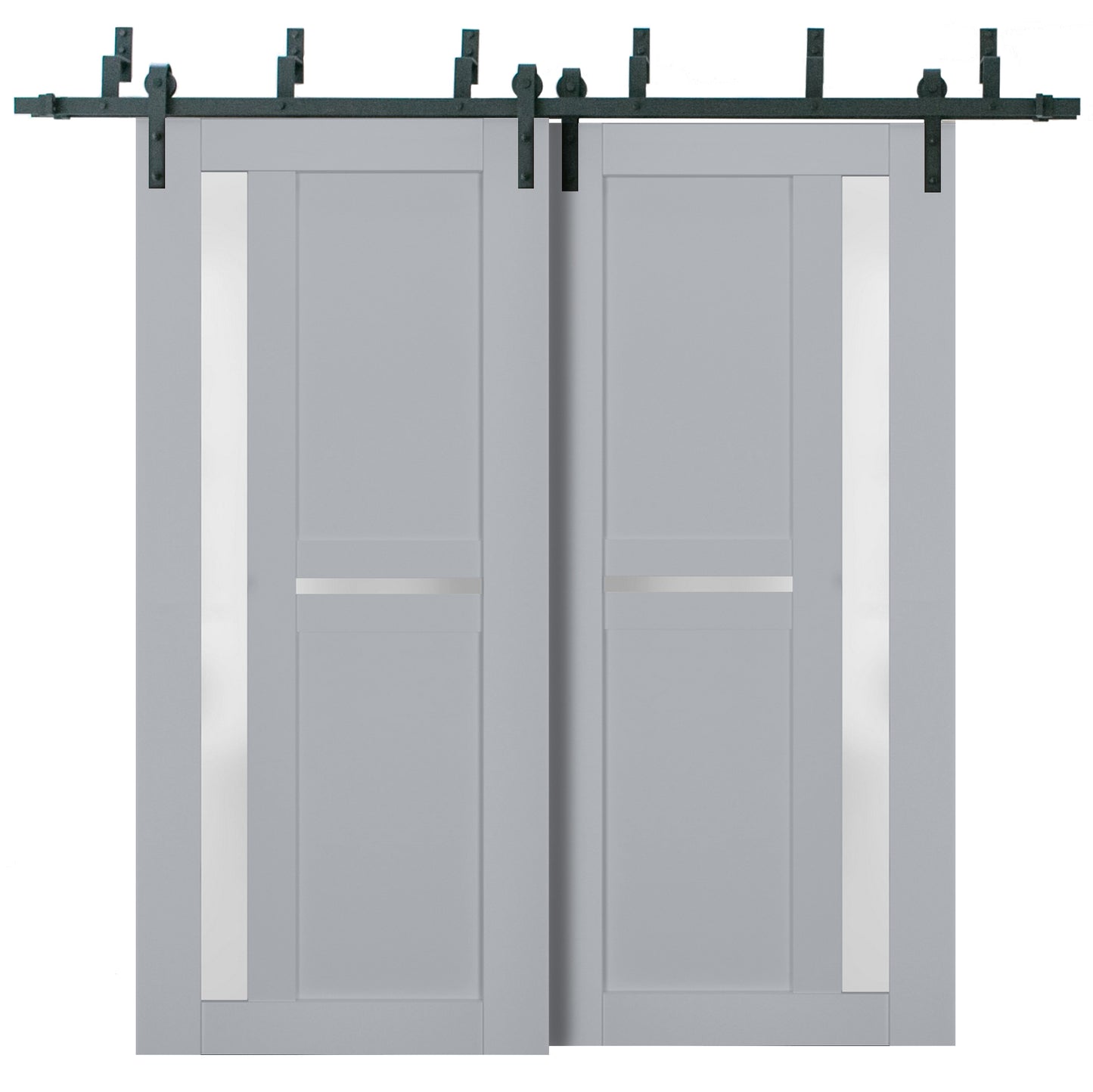 Veregio 7288 Matte Grey Double Barn Door with Frosted Glass and Black Bypass Rail